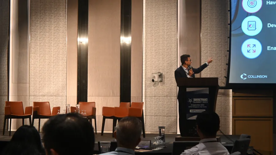 Collinson APAC VP Rohan Bhalla addresses the crowd during the morning session of the ABF Summit 2023, held at Sofitel Singapore City Centre, 6 September.