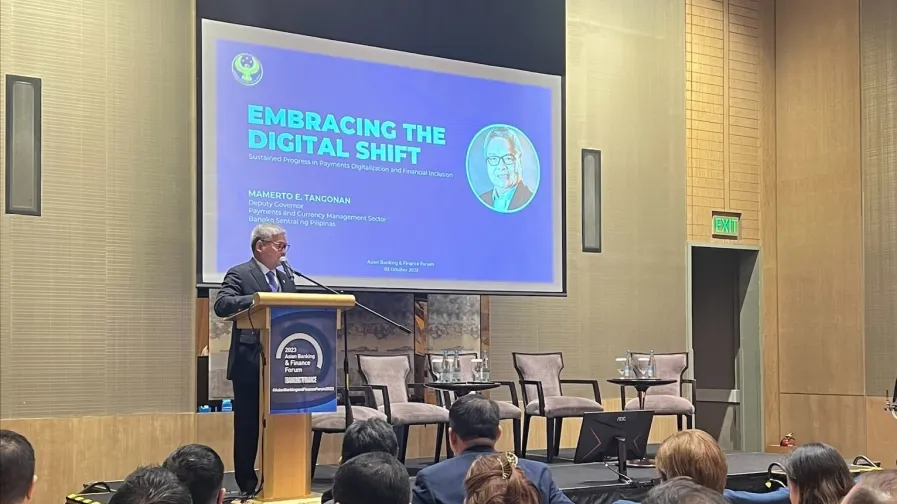 Deputy Governor Mamerto Tangonan of the Bangko Sentral ng Pilipinas addresses the attendees of the ABF Forum Manila 2023 (Photo by Tessa Distor).