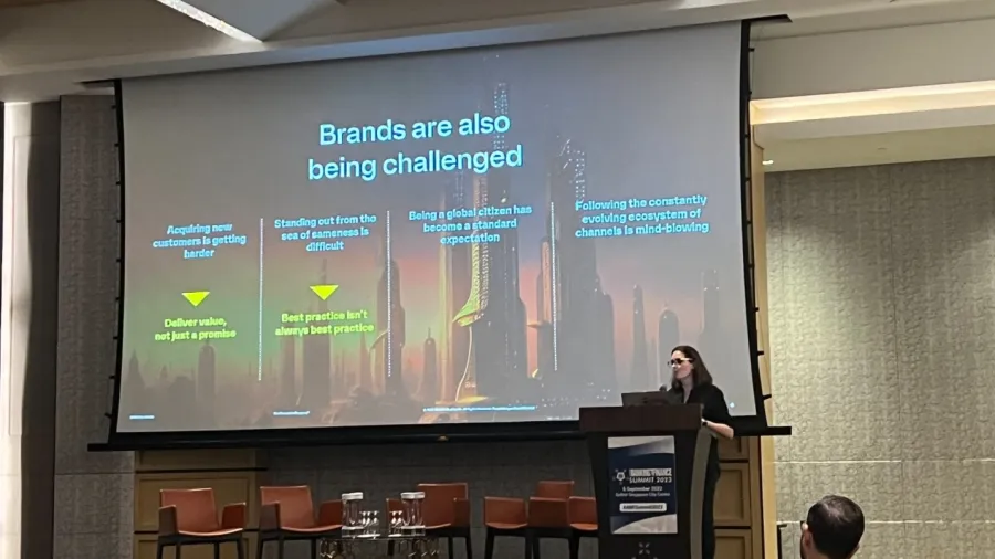 TBWA\Singapore's Michèle Bouquet-Kumble delivers a session on building successful brands that last during the brand and marketing track of ABF Summit 2023.