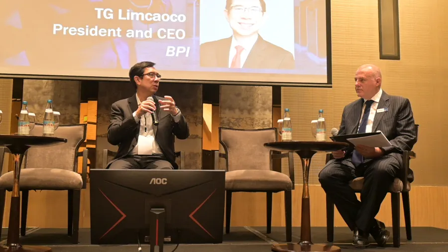BPI CEO and President TG Limcaoco (left) talks with ABF editor-in-chief Timothy Charlton during a fireside chat at the ABF Forum 2023 held at Shangrila The Fort, Manila on October 3, 2023.
