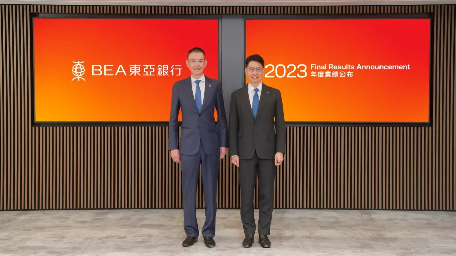 Adrian Li (left) and Brian Li (right), co-chief executives of BEA, hosted the bank's 2023 final results briefing.