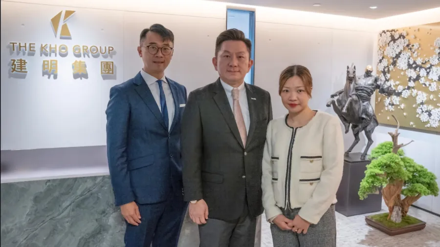Jason Fong (second right), global head of family office at InvestHK; James Fok (first left), executive vice president of TKG; and Maggie Lai (first right), executive assistant of TKG.