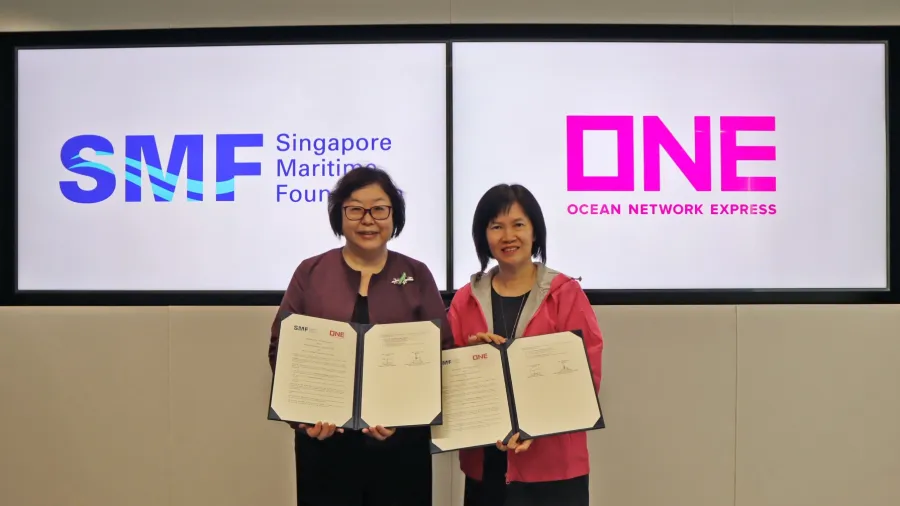 Ms. Tan Beng Tee, Executive Director, Singapore Maritime Foundation (SMF) (left), and Ms. Tay Ai Lin, Senior Vice President, Global Human Resources and ONE Academy, Ocean Network Express (ONE) (right) at the Memorandum of Understanding (MOU) signing ceremony on 6 March 2025. Photo from handout.