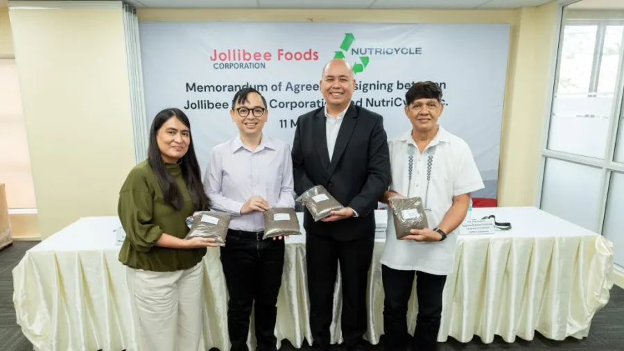 (From left to right) Monina Cacayan, Vice President and Head of Jollibee Worldwide Services, Finance & Accounting, and Human Resources; Michael Ong, President and Head of Manufacturing & Logistics, Jollibee Group; Engr. Dino Simbulan, President, Nutricycle Inc.; and Yul Jose Malicsi, Regional National Greening Program Coordinator, Department of Environment and Natural Resources (DENR) Calabarzon. / Press photo