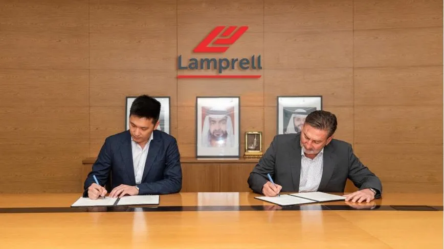 Dong Fang Offshore CEO Polin Chen and Lamprell CEO Ian Prescott sign a MOU for a newbuild NG-9000X wind turbine installation and maintenance vessel in Dubai. Courtesy: Lamprell