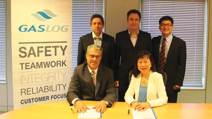 Contract signing in GasLog LNG Services Ltd's office in Athens, Greece: Clockwise from top left, Captain Michael Bourekas, HSSE Manager. Mr. Kostas Karathanos, Fleet Manager, both with GasLog LNG Services Ltd and Mr. Alvin Gan, Marine Manager (LNG/ Projects) of Sembawang Shipyard Pte Ltd, Mr. Theodoros Katemidis, General Manager, GasLog LNG Services Ltd and Ms Wong Lee-Lin, Executive Director, Sembawang Shipyard Pte Ltd.