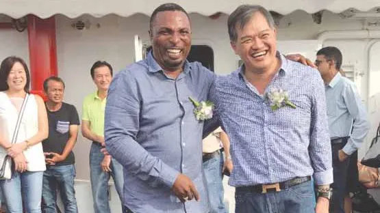 From left: Mr Deryk Udonwa, CEO, FELZMarine and Mr Jimmie Yeo, MD, Marine Diesel Services Pte Ltd having a light moment on board the 40m Fast Crew Boat, “JOSHUUA”.