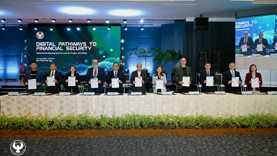 Ana Maria A. Delgado, President and CEO of UnionBank (third from left), during the ceremonial signing ceremony and go live event for Project OFxPERA (September 3, 2025).